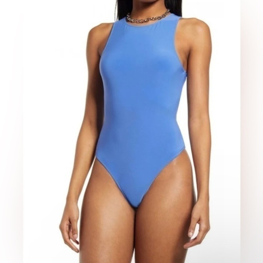 ✨ Open Edit High Neck Cutout Bodysuit Blue Tones Size Large NWT ✨